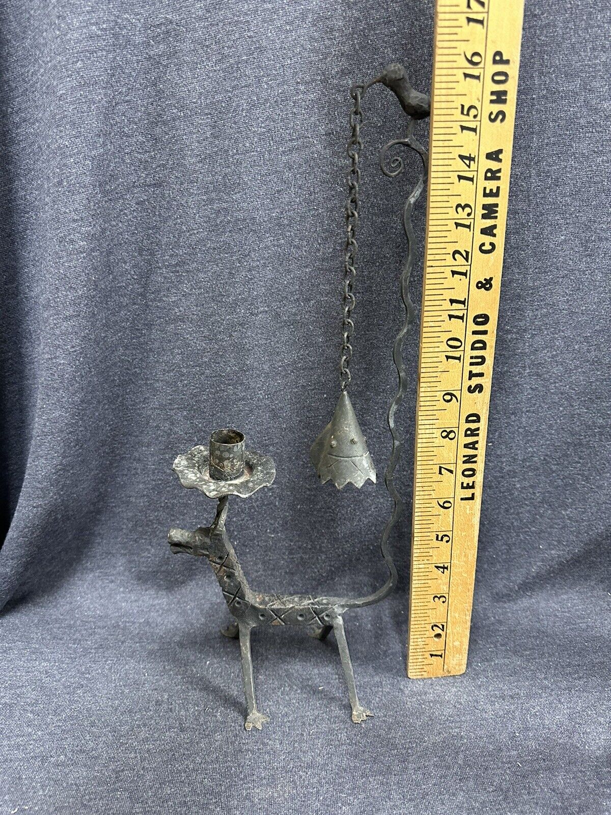 Hand Forged PRIMITIVE 16” High Candle Holder & Snuffer 1700's Style Horse Bird