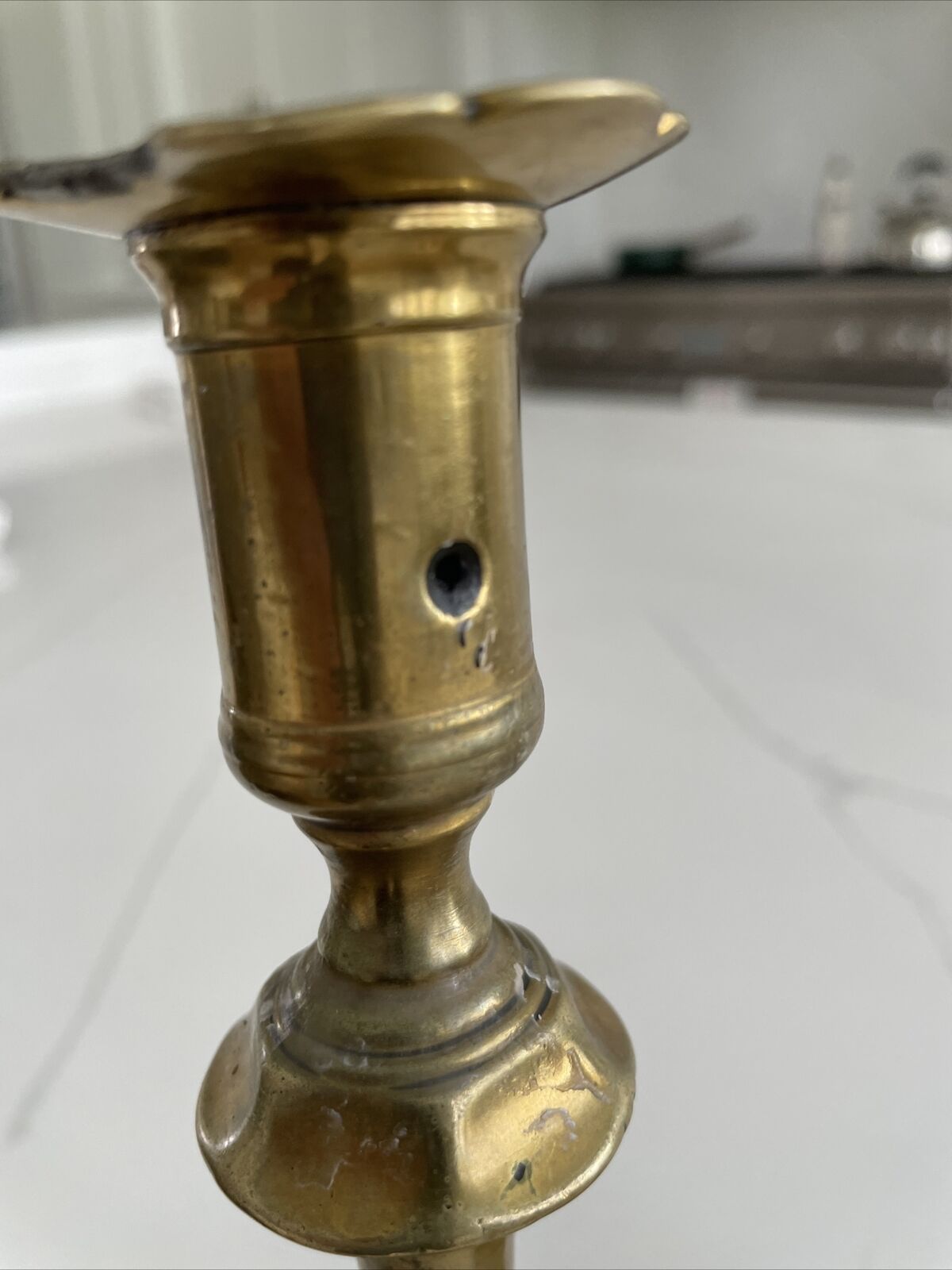 Antique 18th Century George II (?) English Brass Petal Base / Top Candle Holders