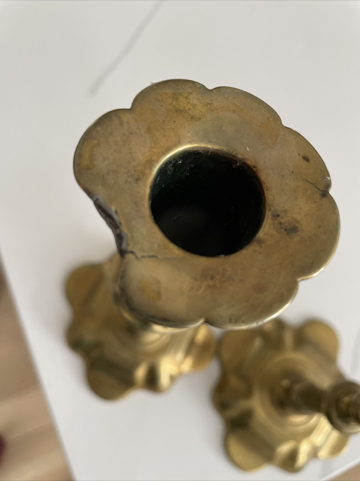 Antique 18th Century George II (?) English Brass Petal Base / Top Candle Holders