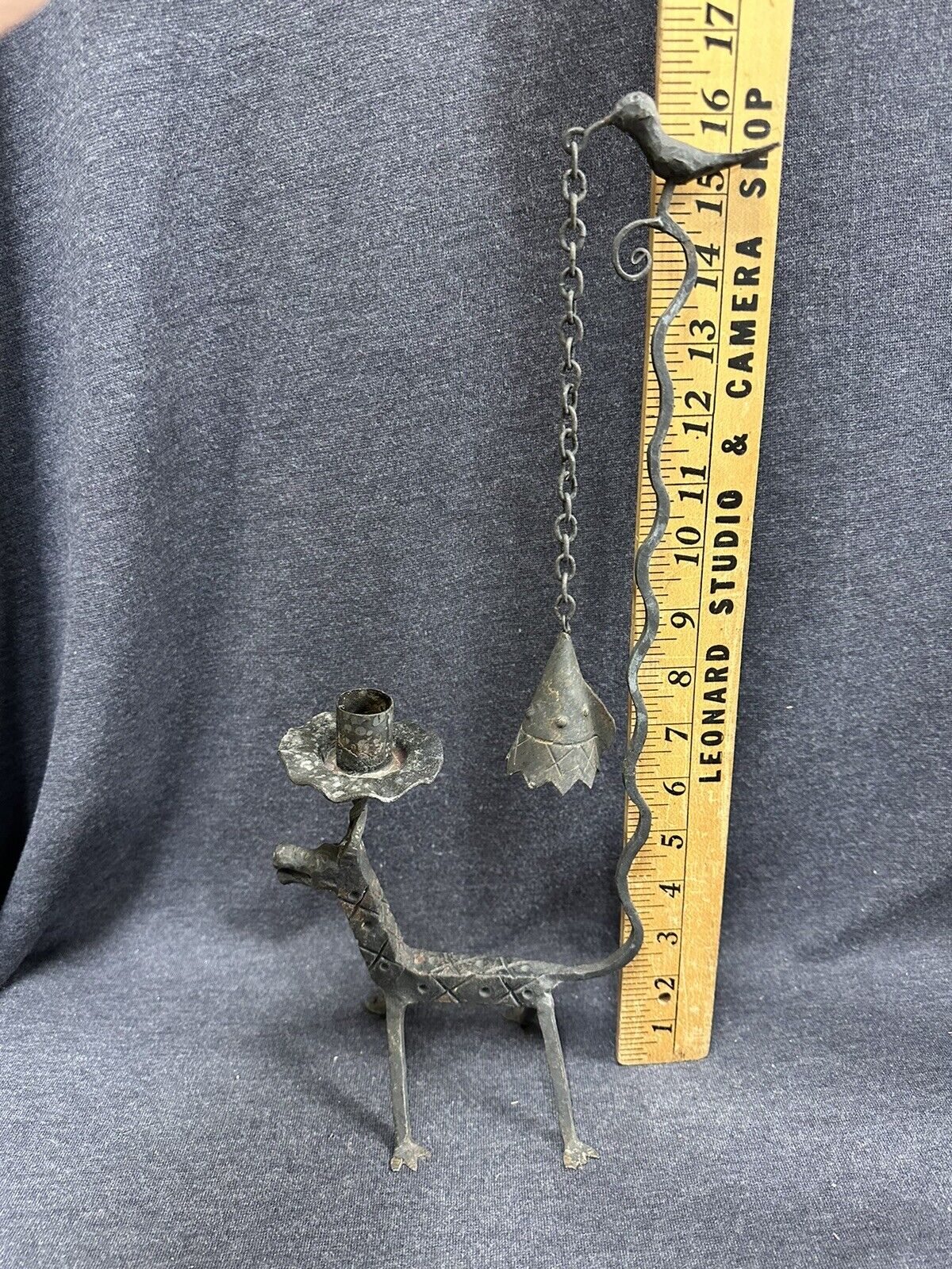 Hand Forged PRIMITIVE 16” High Candle Holder & Snuffer 1700's Style Horse Bird