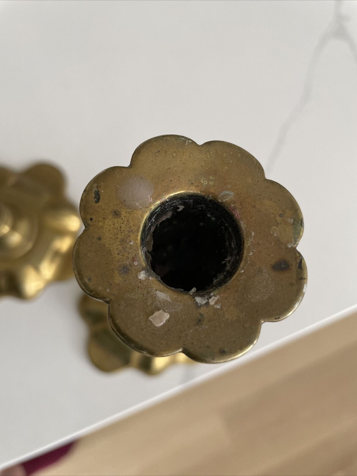 Antique 18th Century George II (?) English Brass Petal Base / Top Candle Holders