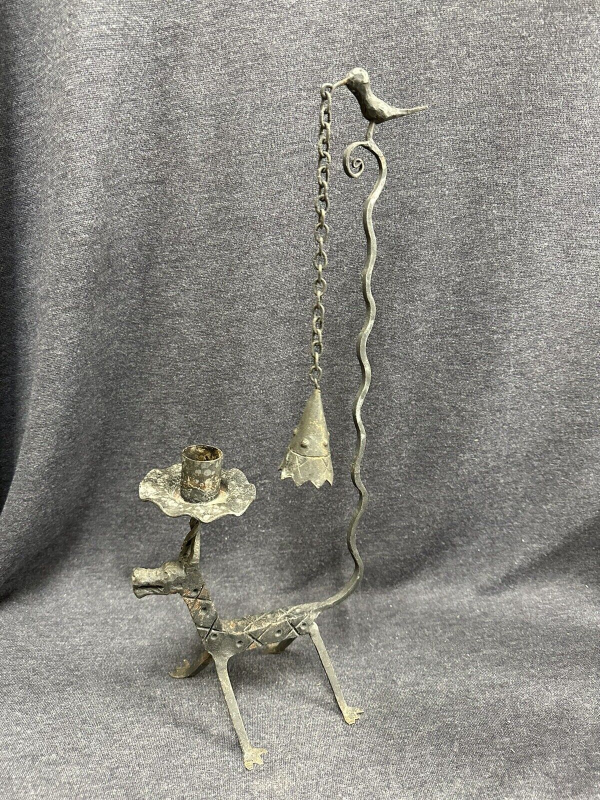 Hand Forged PRIMITIVE 16” High Candle Holder & Snuffer 1700's Style Horse Bird