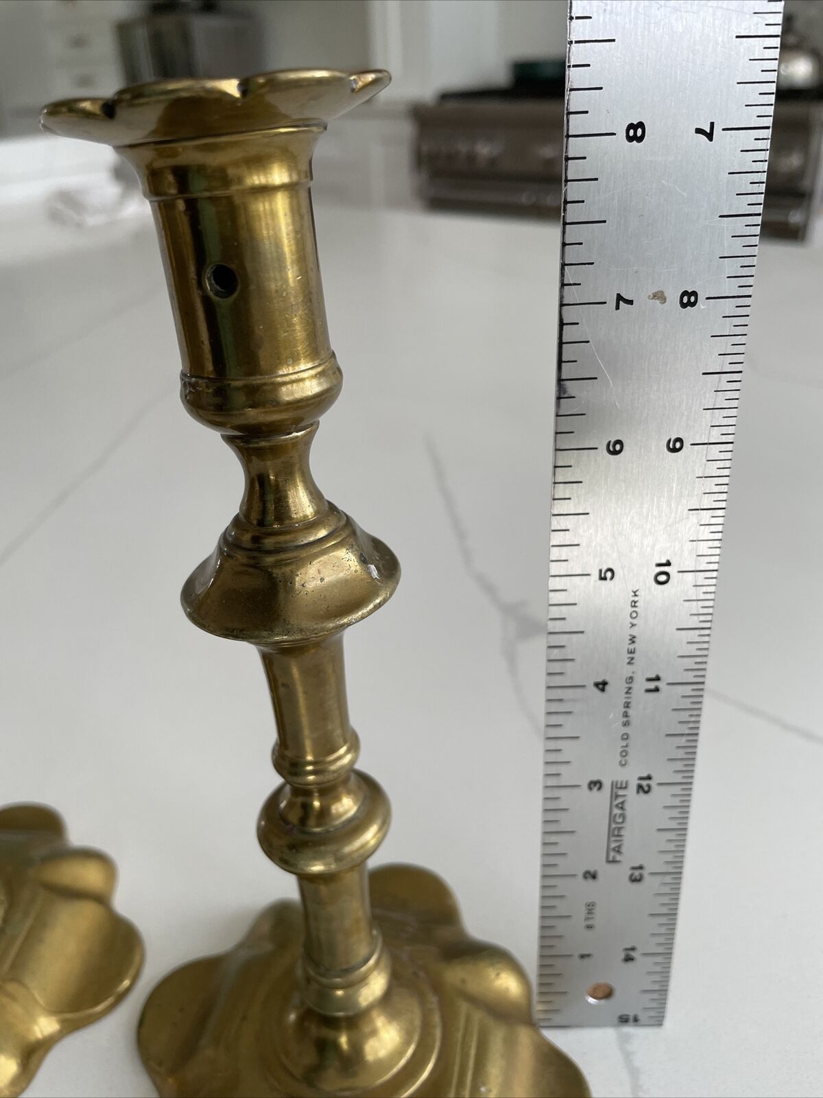 Antique 18th Century George II (?) English Brass Petal Base / Top Candle Holders