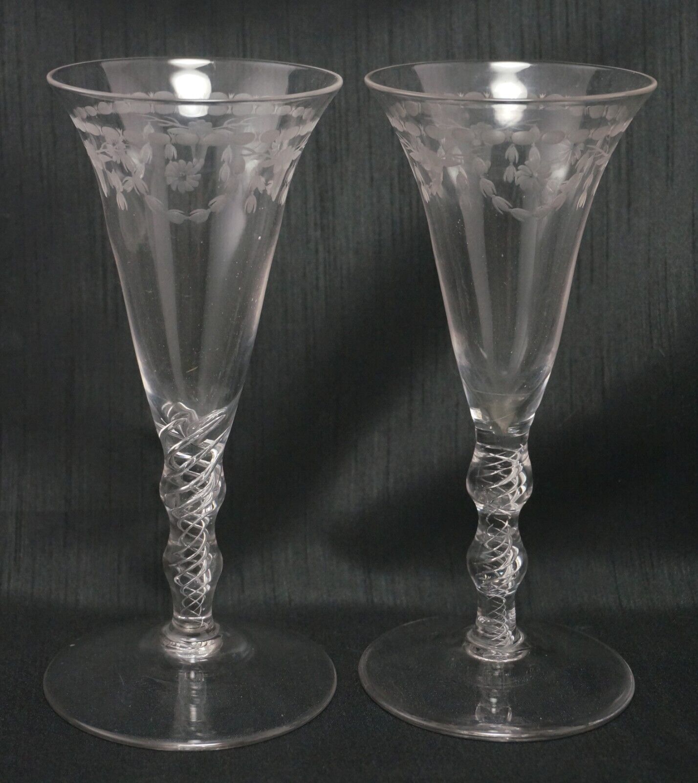 Georgian AIR TWIST STEM WINE GLASSES - Beautifully Engraved - Set of 2 - 7 1/2"