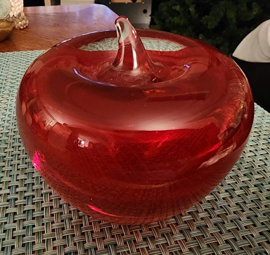 Vintage Blenko Hand Blown Art Glass Red Apple Paperweight 