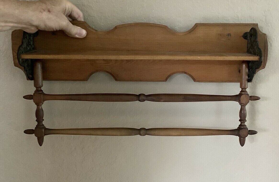 Pine Shelf with Ironwork and Adjustable Towel Rails~Circa 1800~S.B. Van Duzee Co