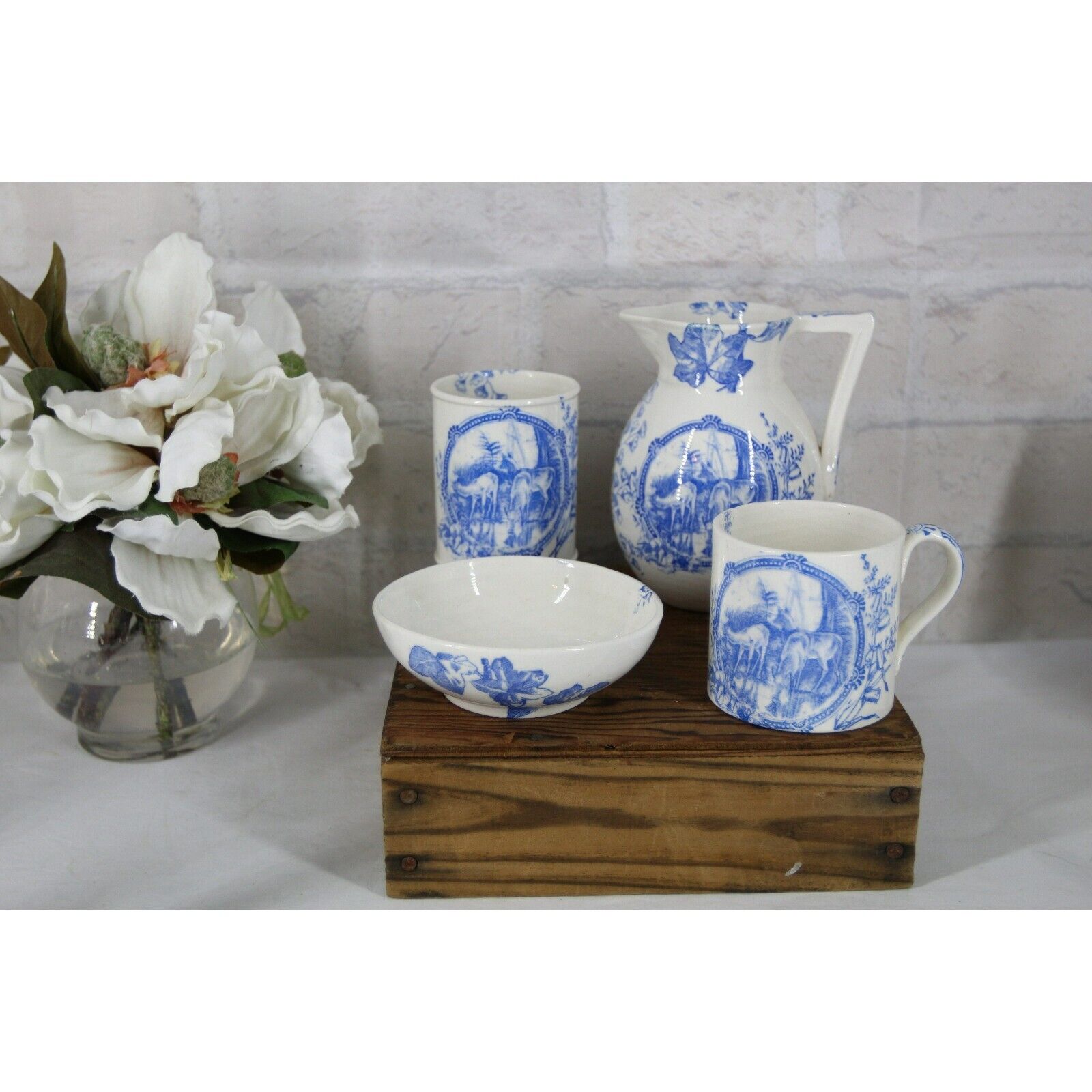 BLUE TRANSFERWARE BATHROOM set 1800's blue and white ceramic pottery