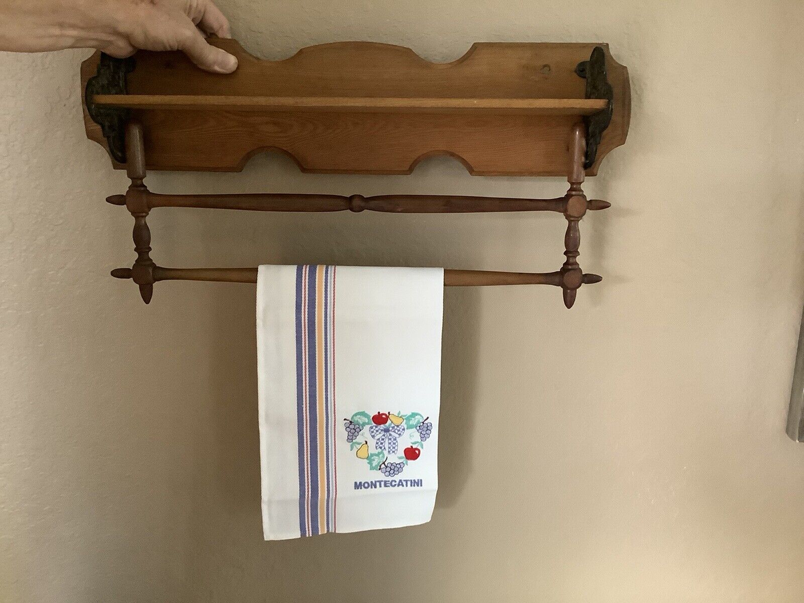 Pine Shelf with Ironwork and Adjustable Towel Rails~Circa 1800~S.B. Van Duzee Co