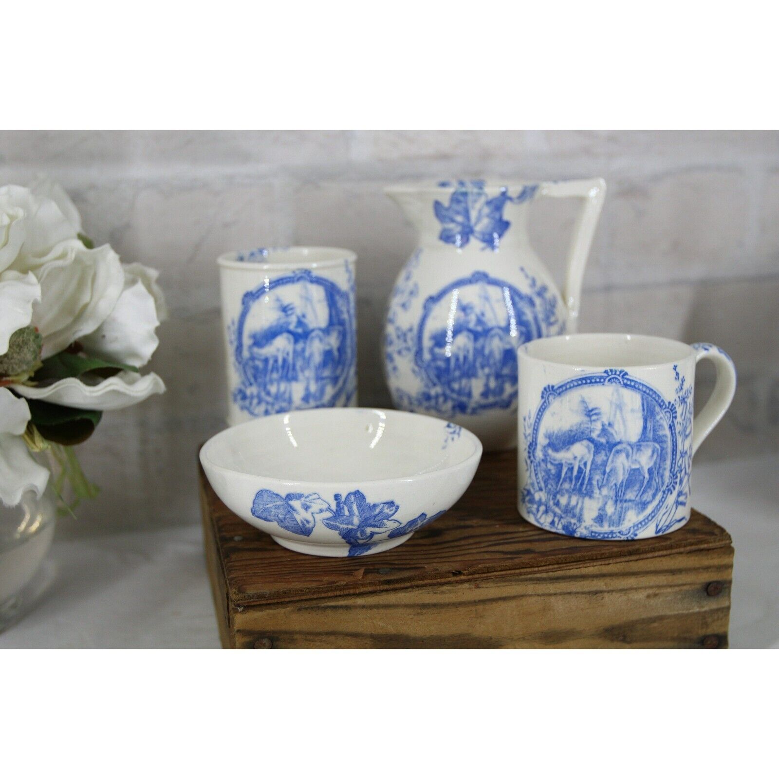 BLUE TRANSFERWARE BATHROOM set 1800's blue and white ceramic pottery