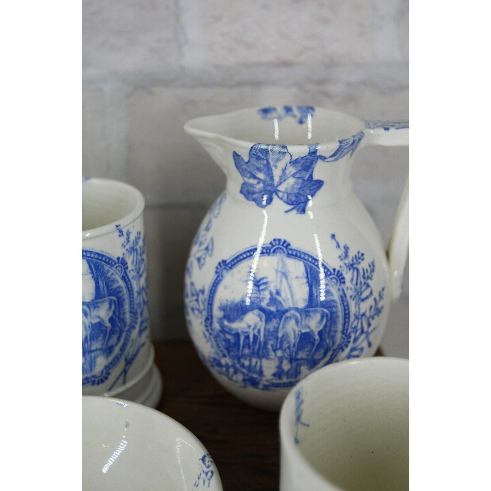 BLUE TRANSFERWARE BATHROOM set 1800's blue and white ceramic pottery