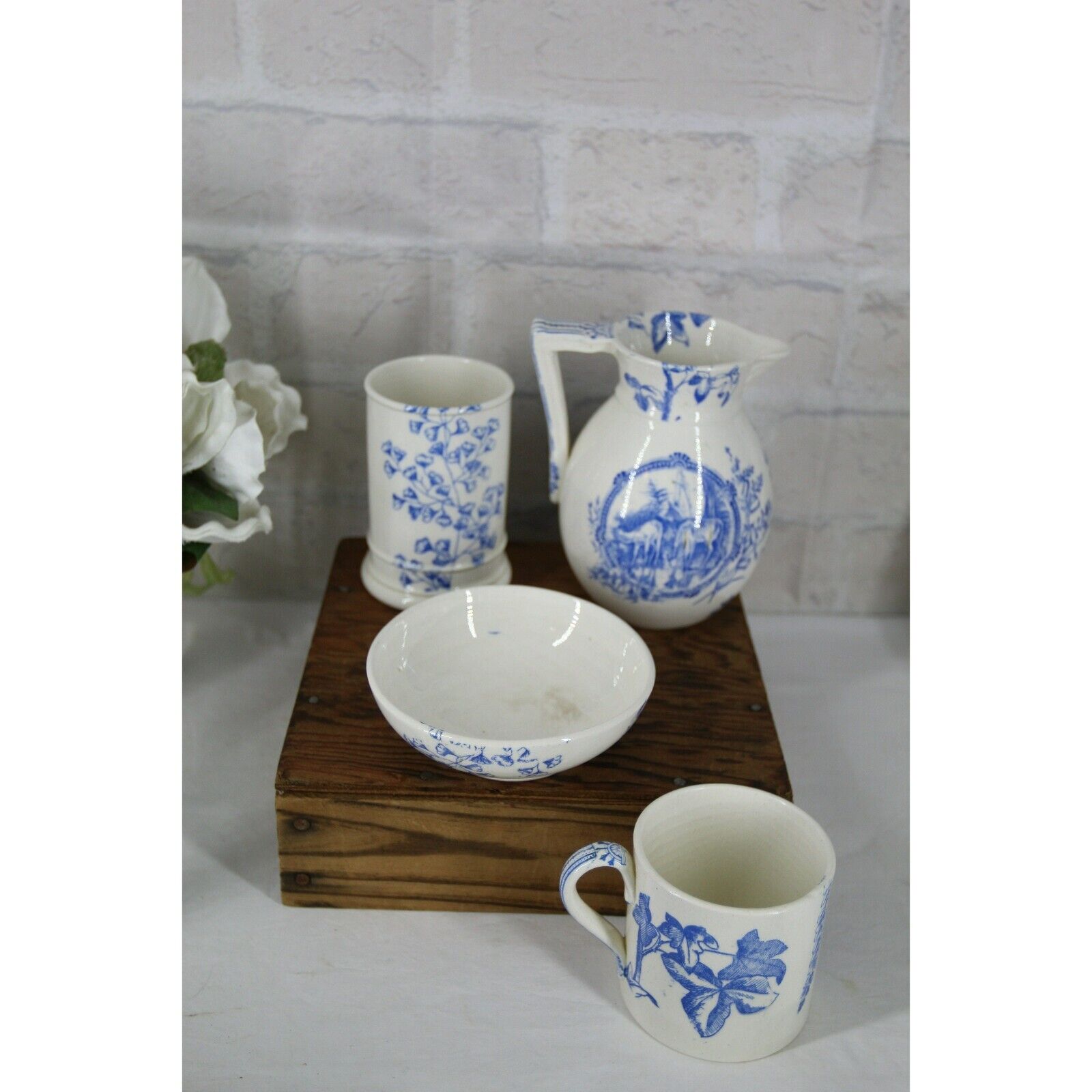 BLUE TRANSFERWARE BATHROOM set 1800's blue and white ceramic pottery