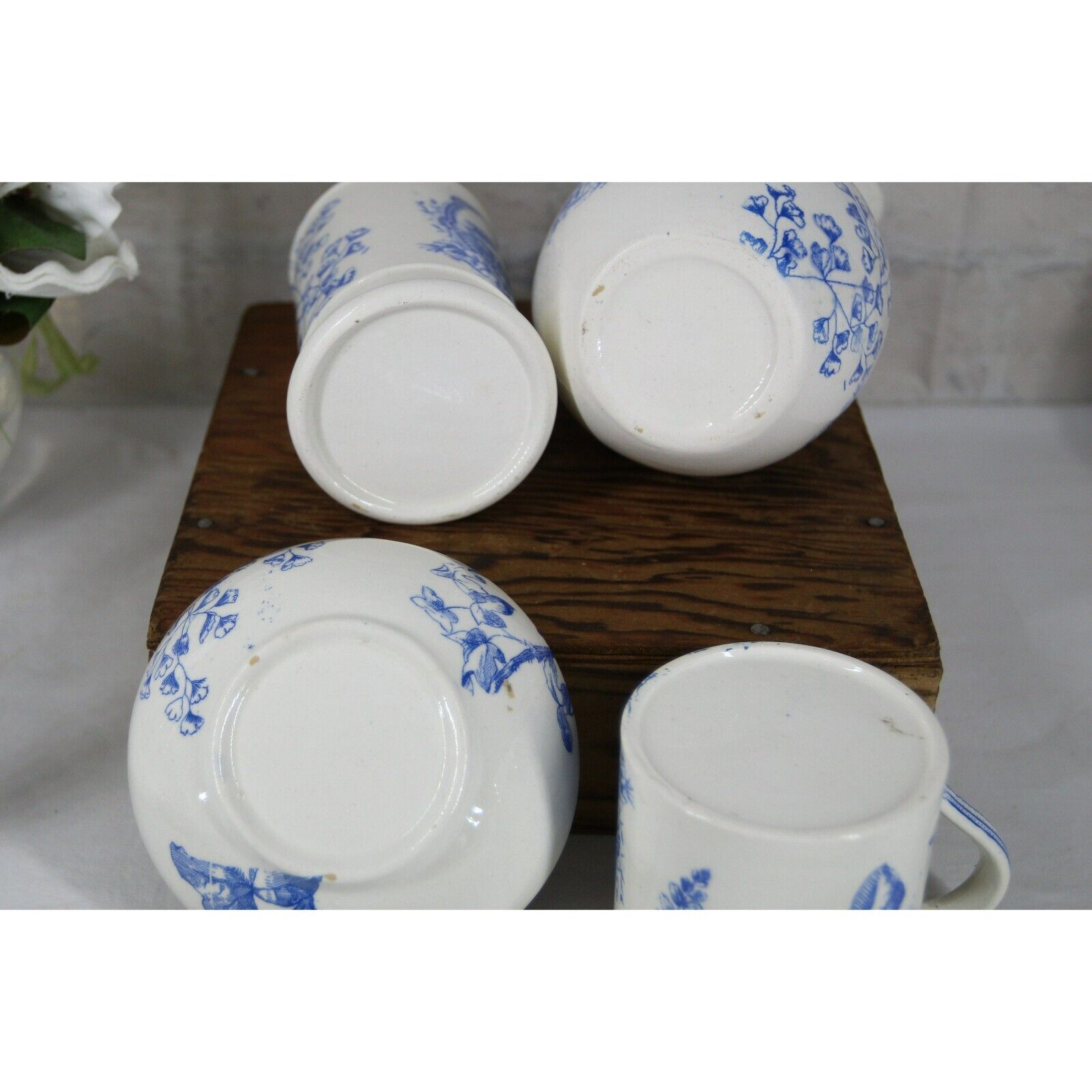 BLUE TRANSFERWARE BATHROOM set 1800's blue and white ceramic pottery