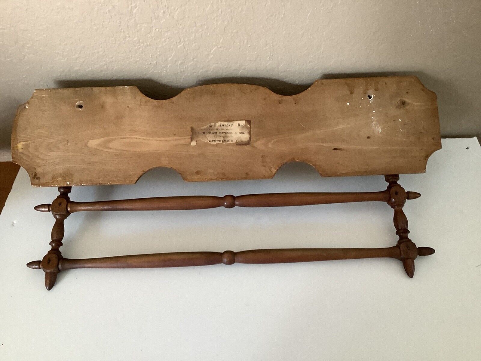Pine Shelf with Ironwork and Adjustable Towel Rails~Circa 1800~S.B. Van Duzee Co