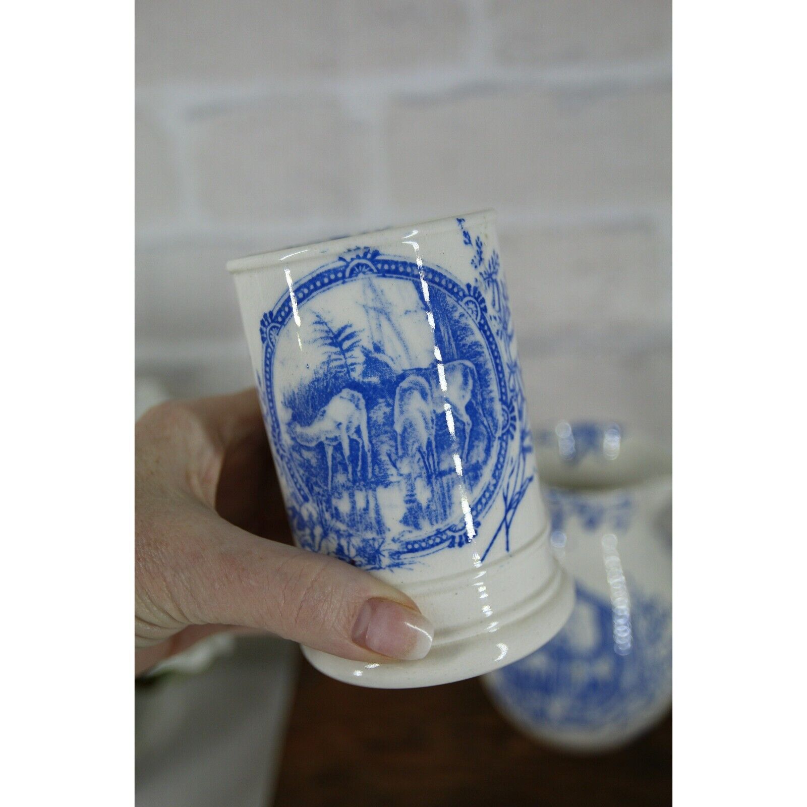 BLUE TRANSFERWARE BATHROOM set 1800's blue and white ceramic pottery