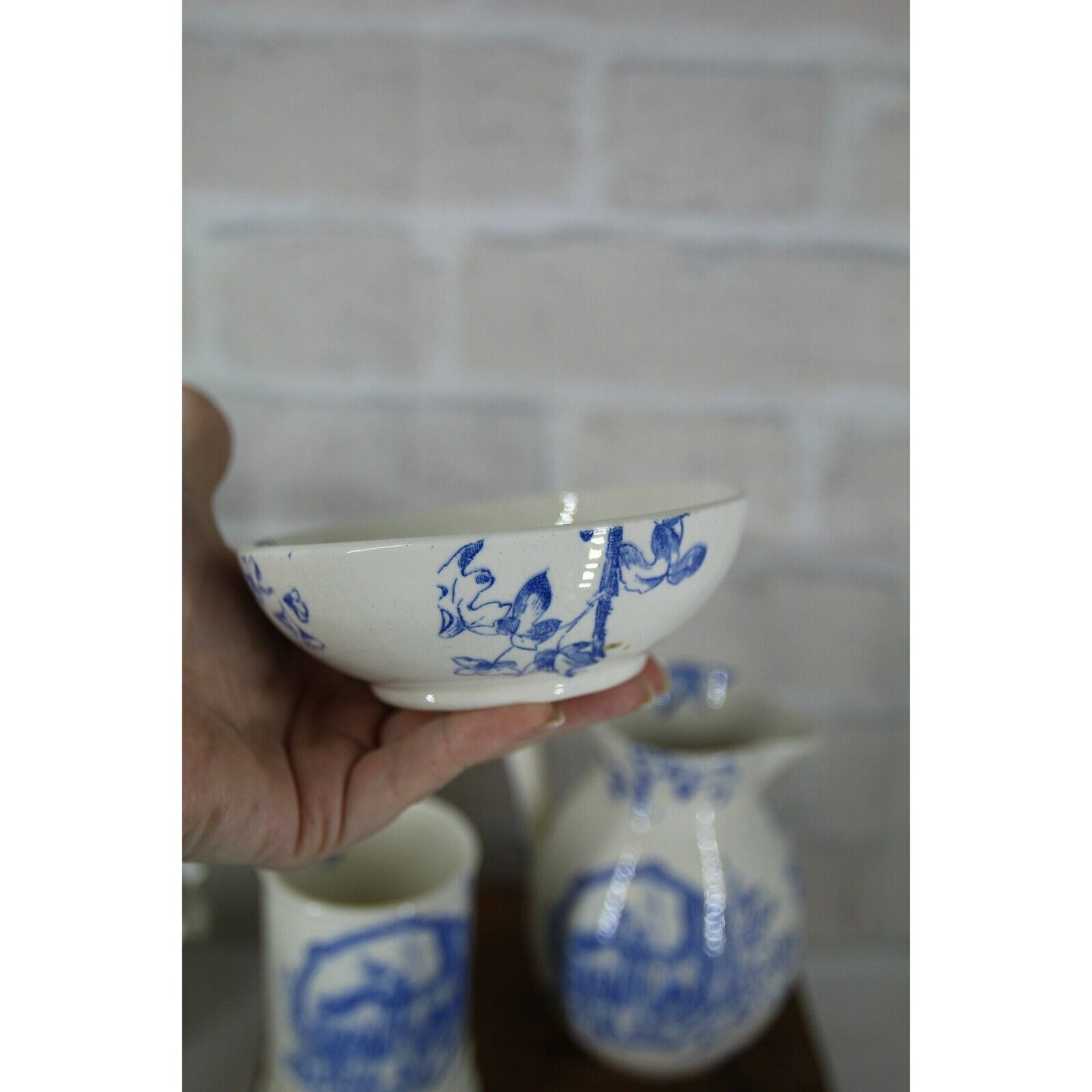 BLUE TRANSFERWARE BATHROOM set 1800's blue and white ceramic pottery