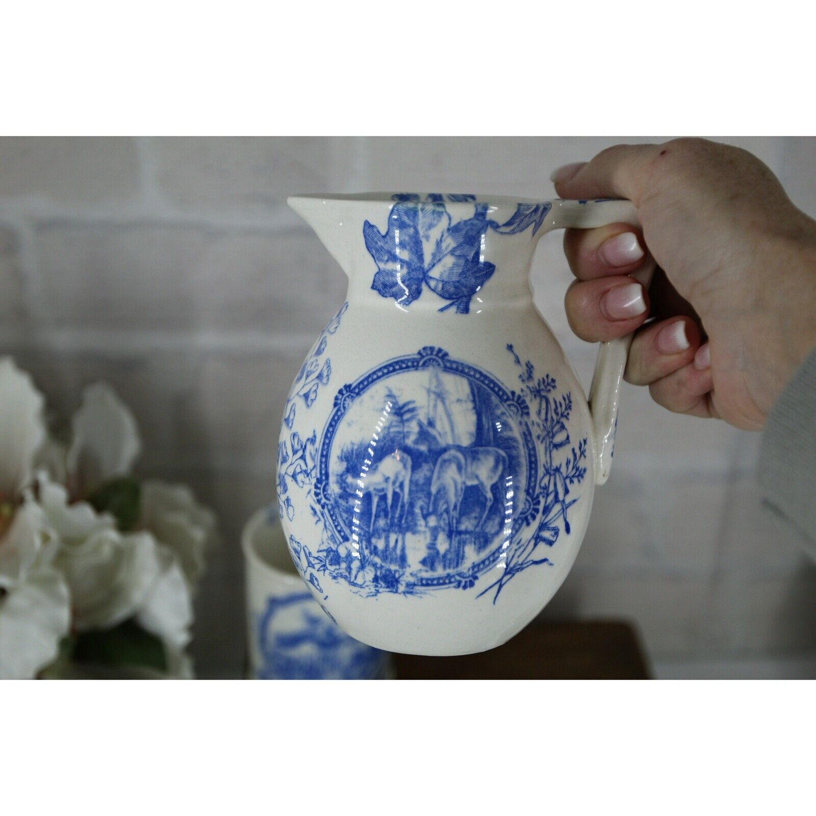 BLUE TRANSFERWARE BATHROOM set 1800's blue and white ceramic pottery