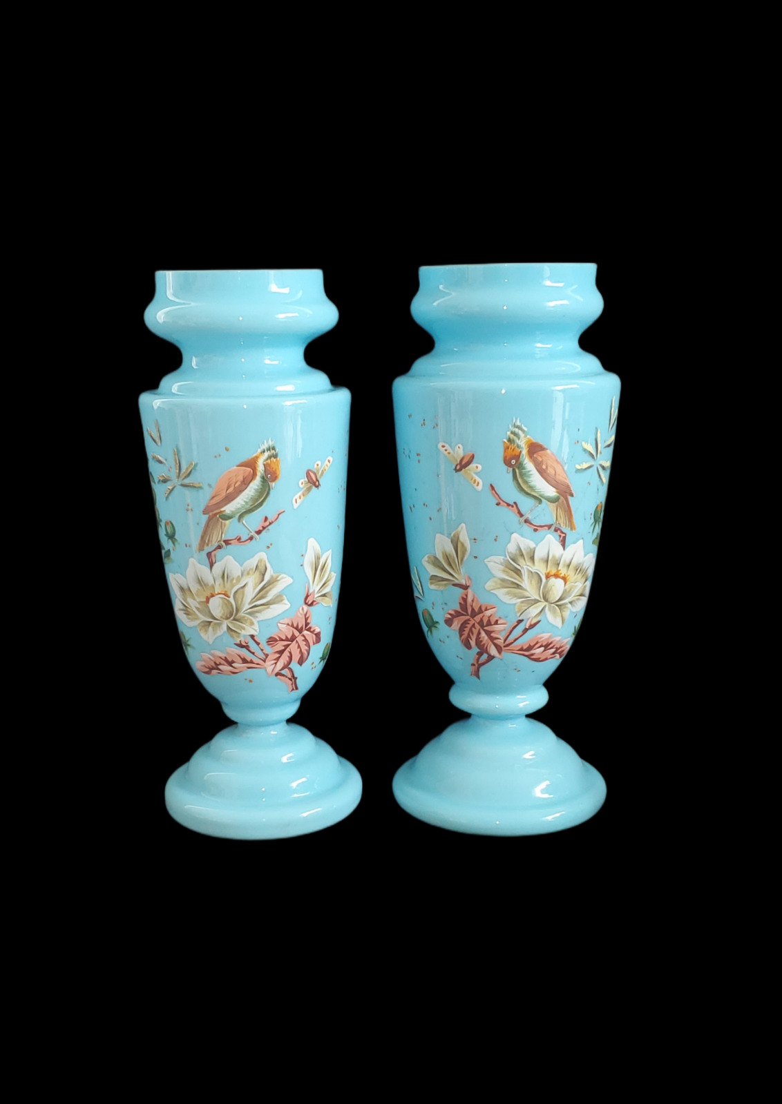 1800’s Victorian Powder Enamel Birds Blue Bristol Vases
