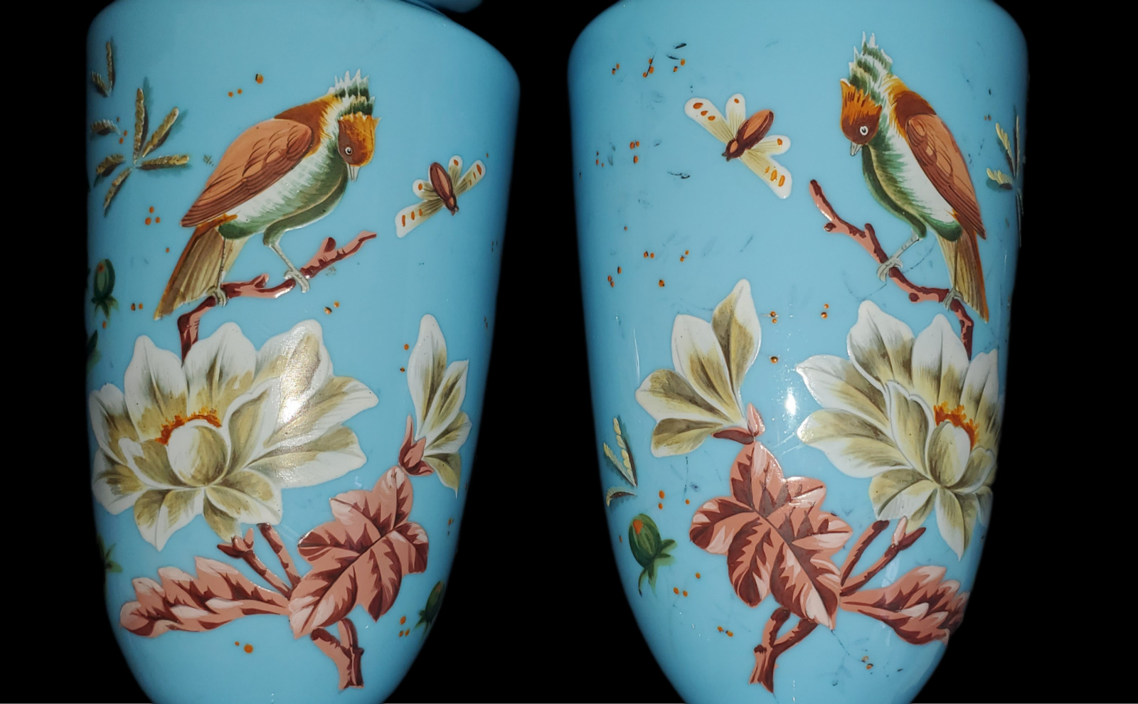 1800’s Victorian Powder Enamel Birds Blue Bristol Vases