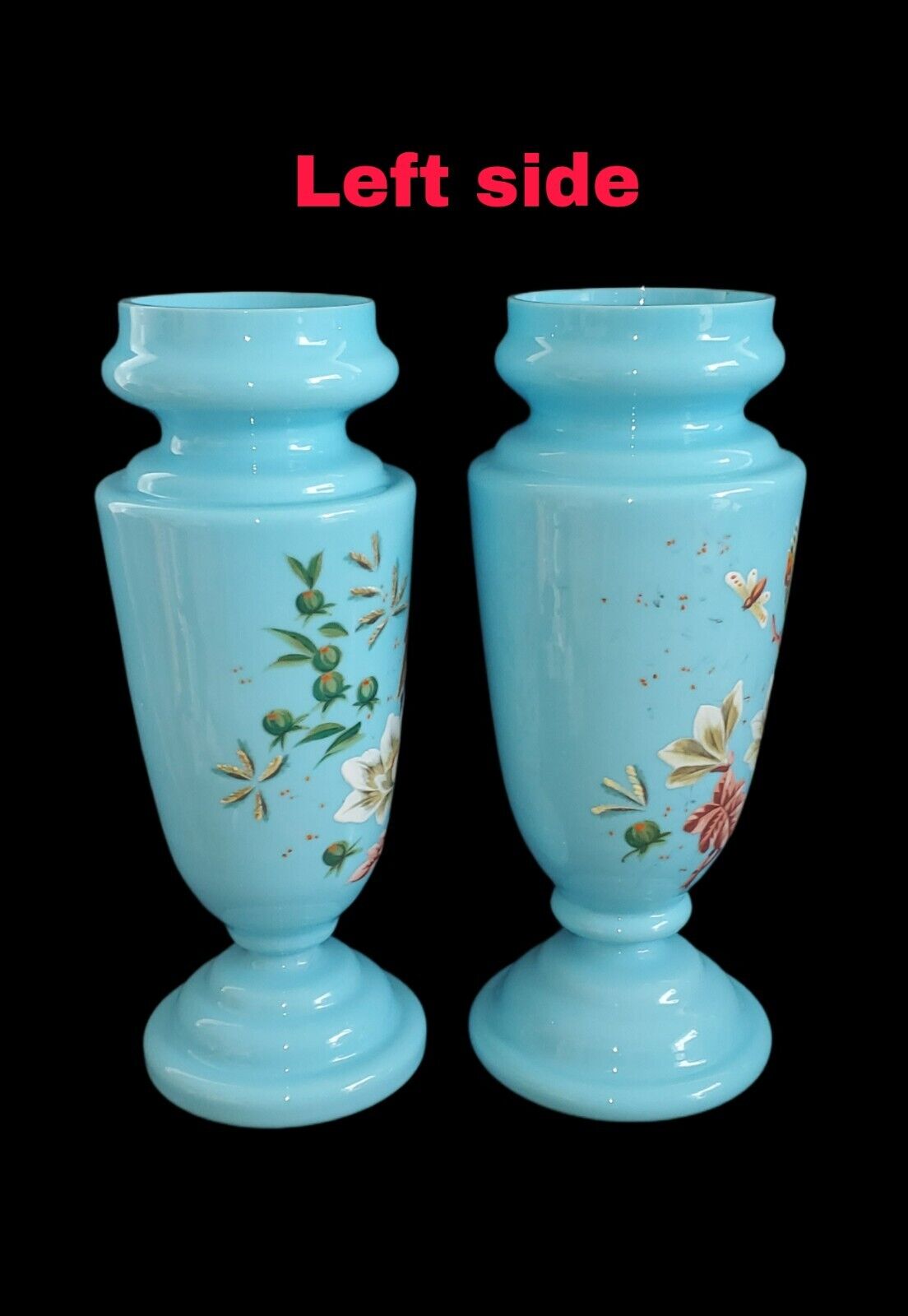 1800’s Victorian Powder Enamel Birds Blue Bristol Vases