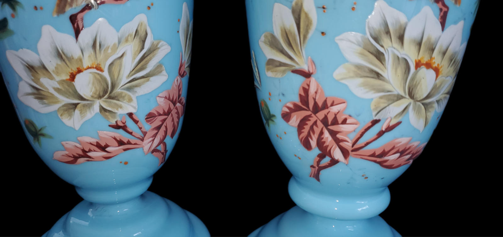 1800’s Victorian Powder Enamel Birds Blue Bristol Vases