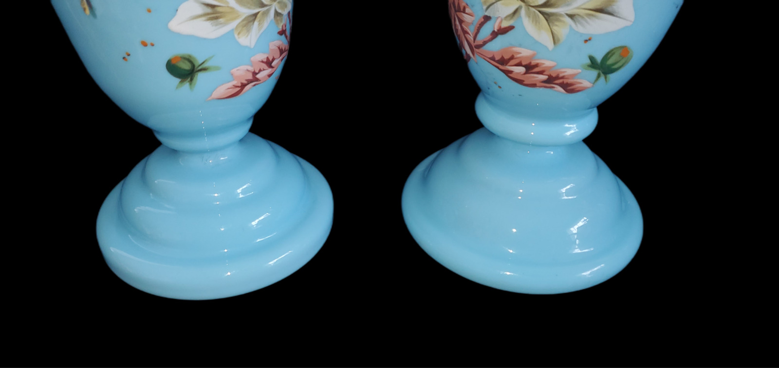 1800’s Victorian Powder Enamel Birds Blue Bristol Vases