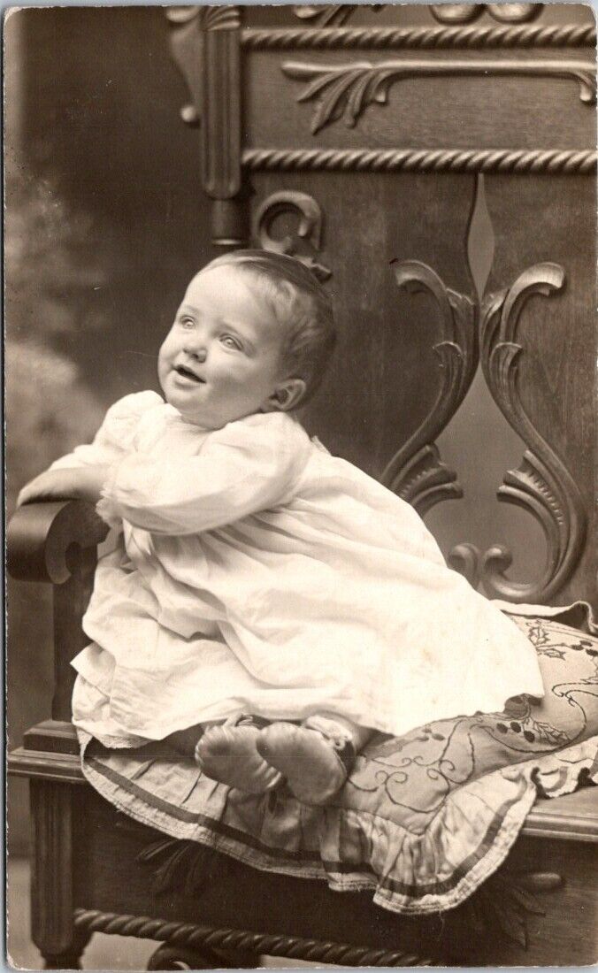 Vintage Baby Photo Postcard on Ornate Chair Pillow
