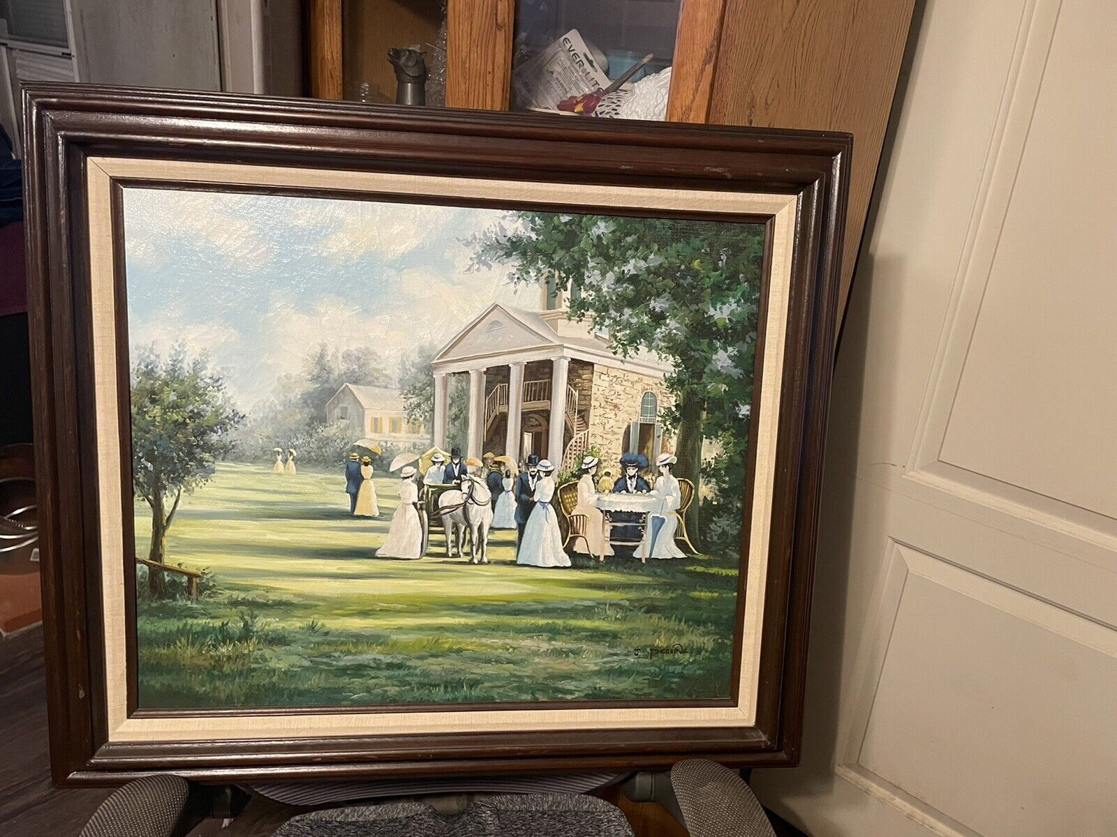 Colonial Scene Oil Painting by J. Perrine 30.5X26.5