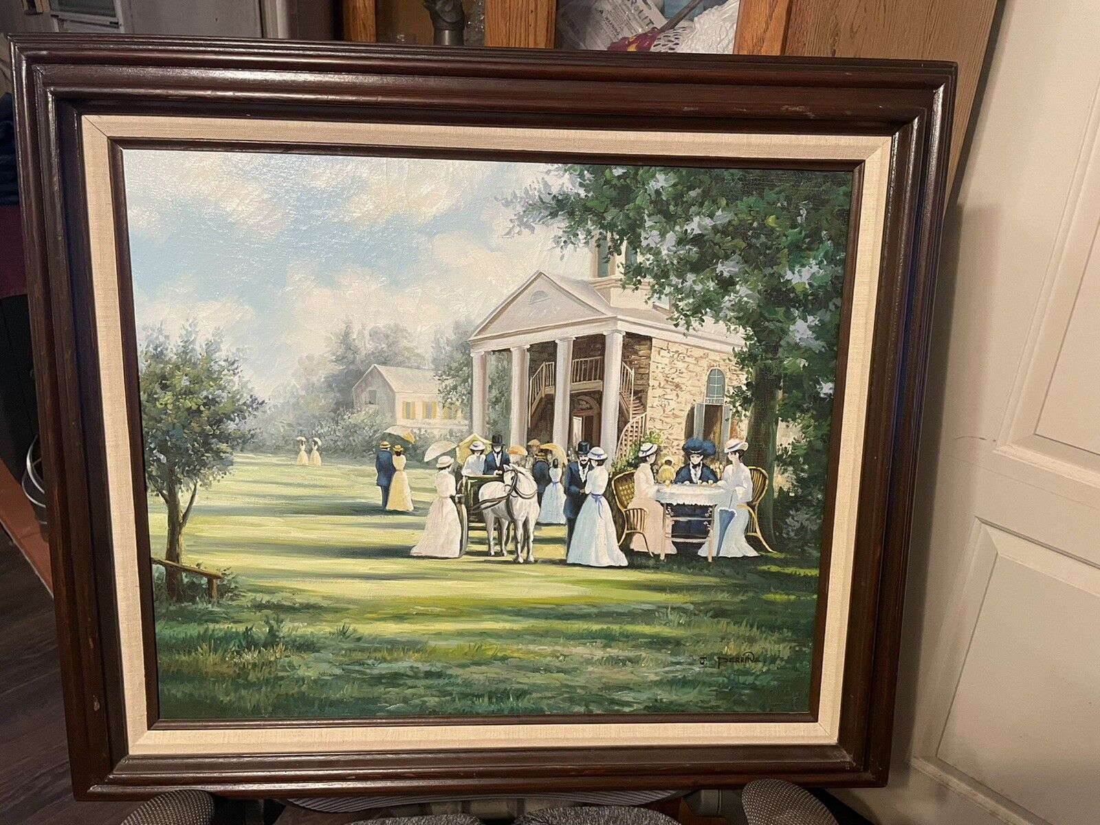 Colonial Scene Oil Painting by J. Perrine 30.5X26.5