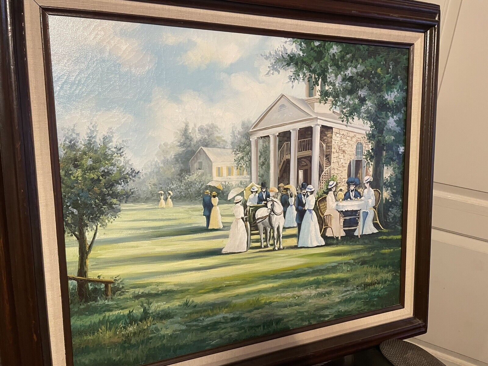 Colonial Scene Oil Painting by J. Perrine 30.5X26.5