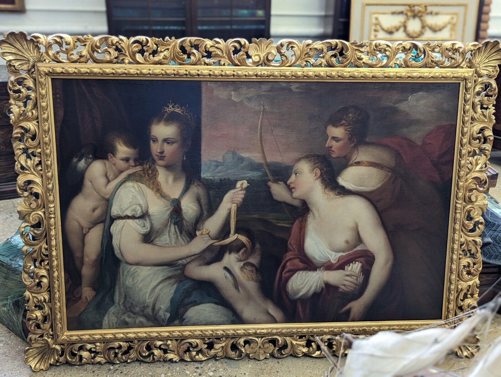 Titian's Venus Blindfolding Cupid - Antique Oil Copy