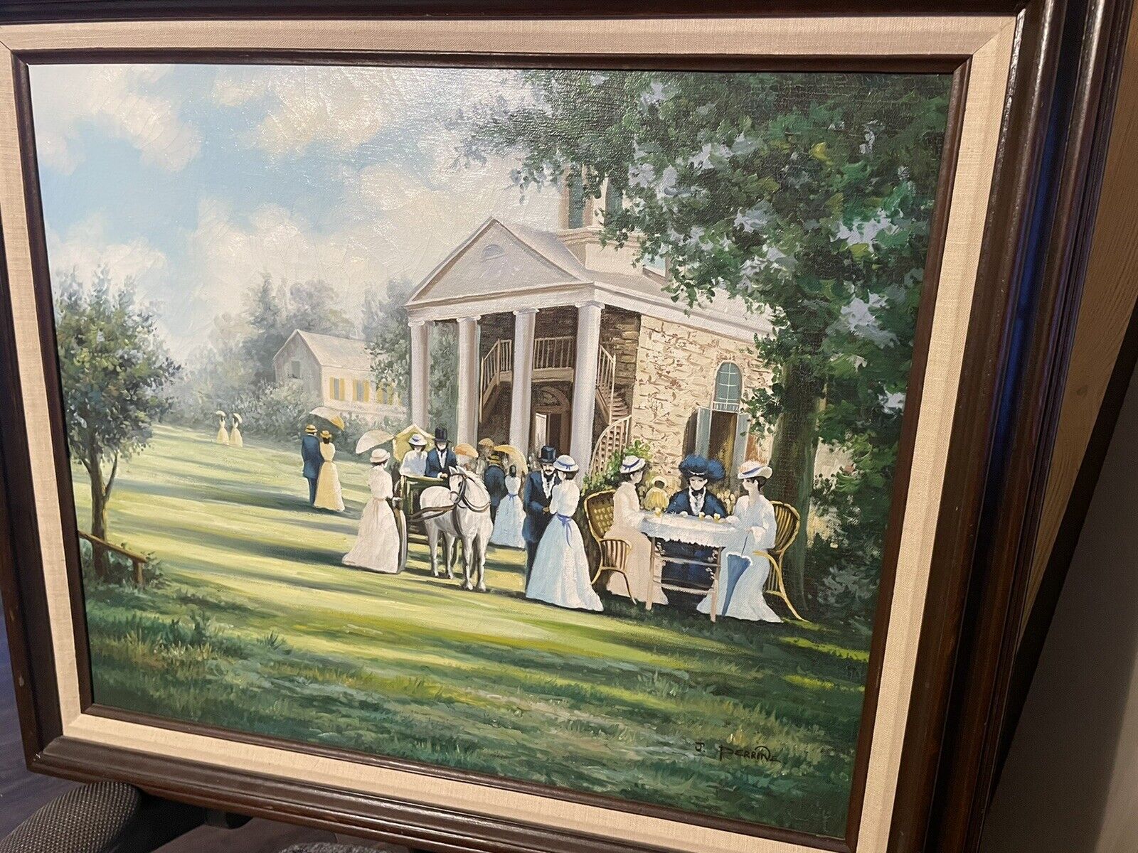 Colonial Scene Oil Painting by J. Perrine 30.5X26.5