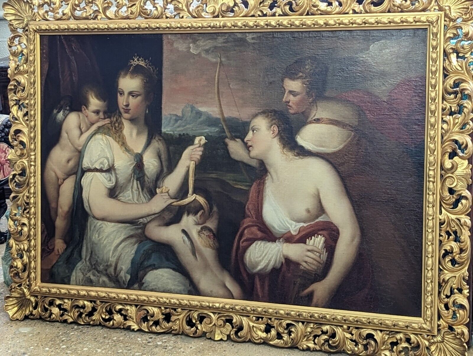 Titian's Venus Blindfolding Cupid - Antique Oil Copy