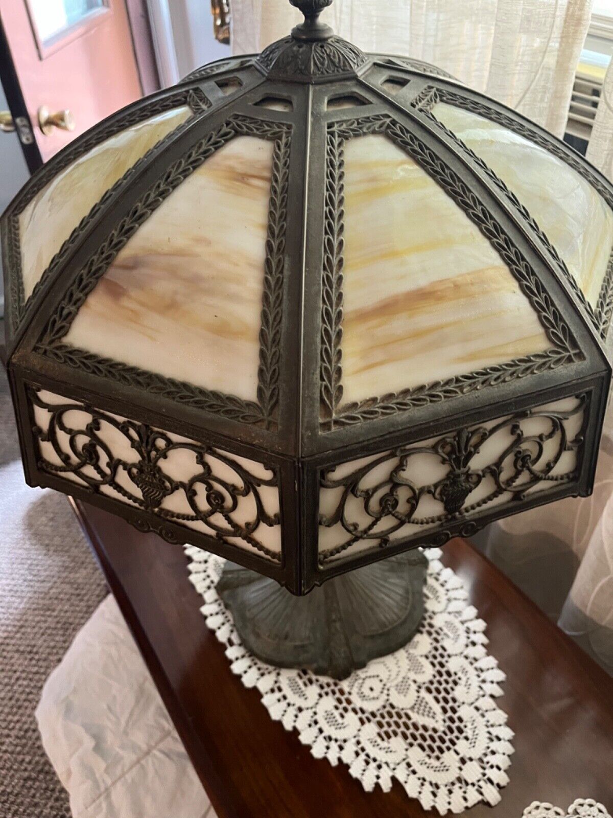 Antique Early 1900s Arts & Crafts Bronze & Slag Glass Table Lamp 25" x 18"