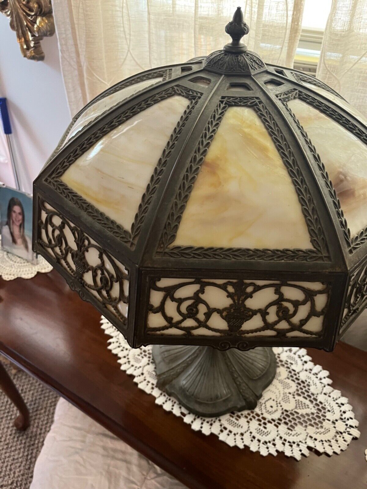 Antique Early 1900s Arts & Crafts Bronze & Slag Glass Table Lamp 25" x 18" 
