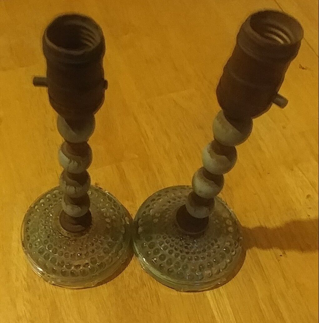 VINTAGE 1900`s DEPRESSION GLASS & WOOD LAMPS ,OLD SET OF 2, FREE SHIPPING