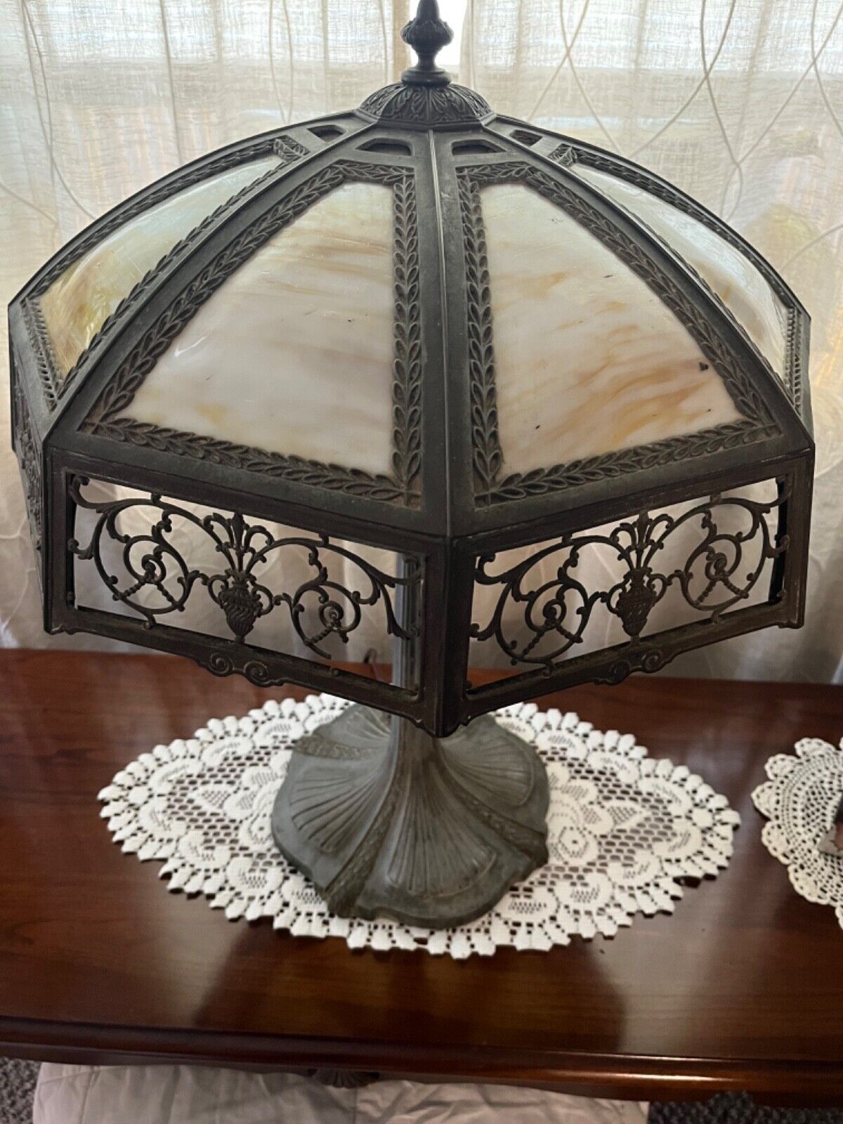 Antique Early 1900s Arts & Crafts Bronze & Slag Glass Table Lamp 25" x 18" 