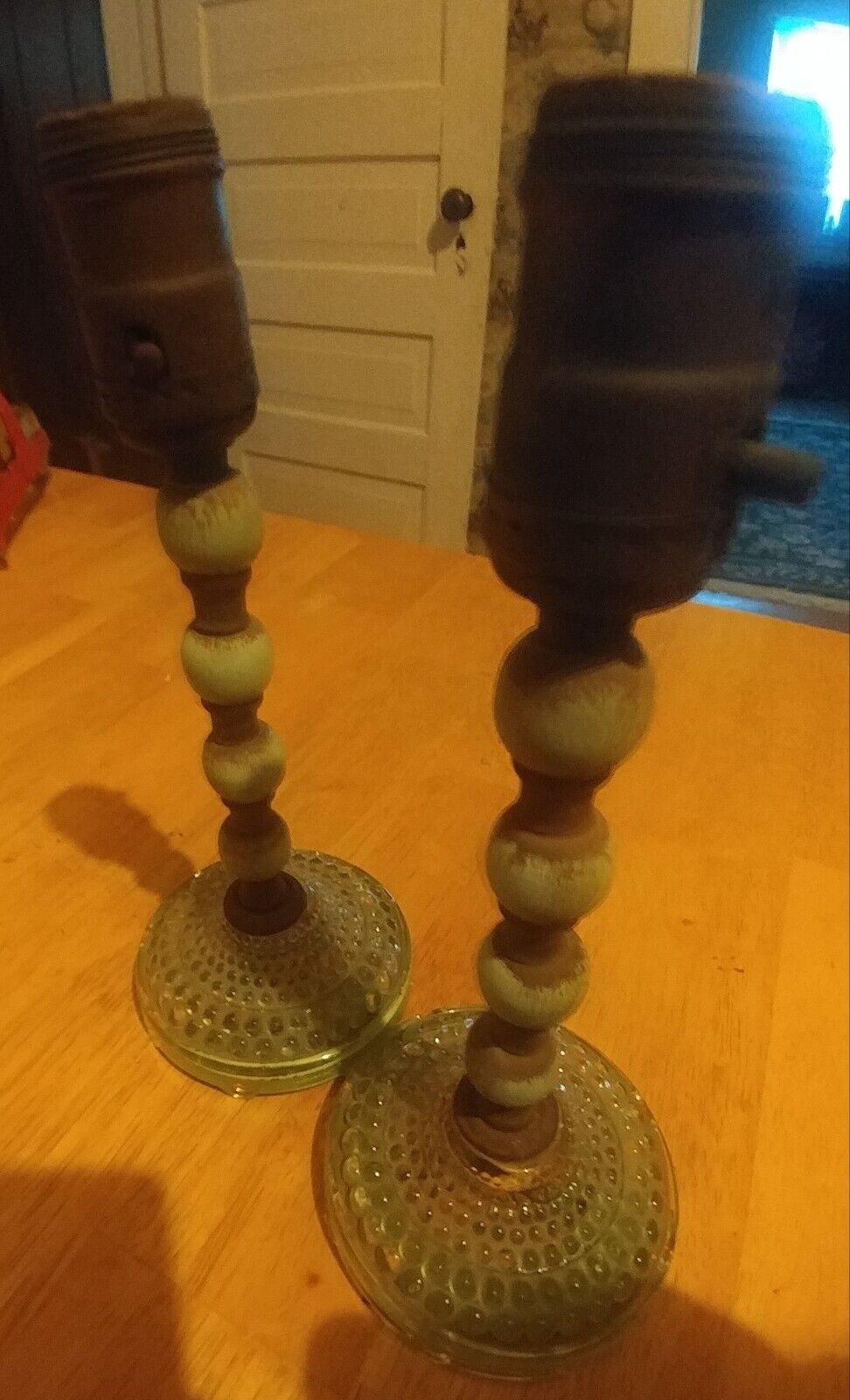 VINTAGE 1900`s DEPRESSION GLASS & WOOD  LAMPS ,OLD SET OF 2, FREE SHIPPING