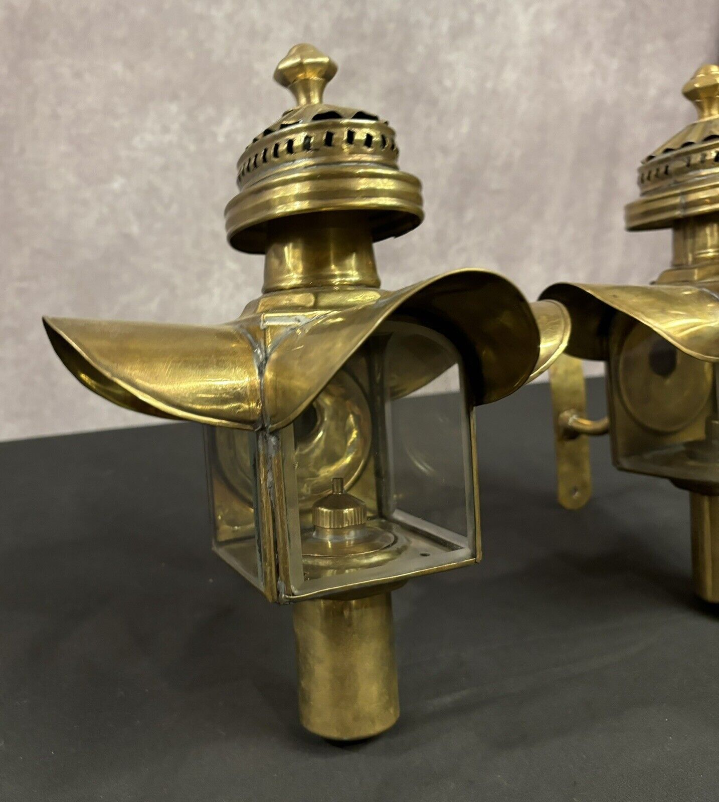 Antique Brass Carriage Lamps Headlamps Vintage Early 1900s Oil Burners & Mounts