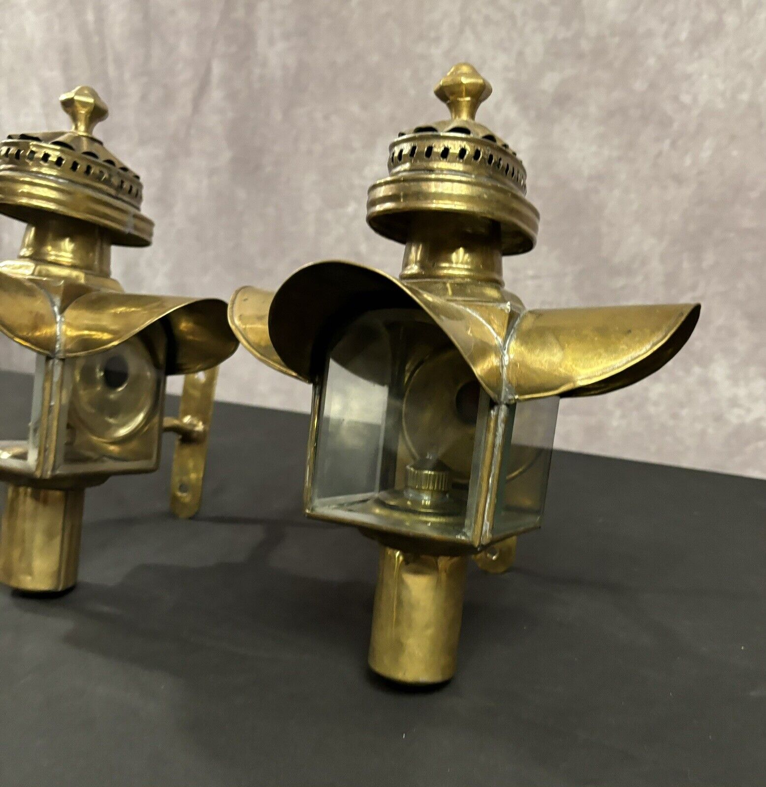 Antique Brass Carriage Lamps Headlamps Vintage Early 1900s Oil Burners & Mounts