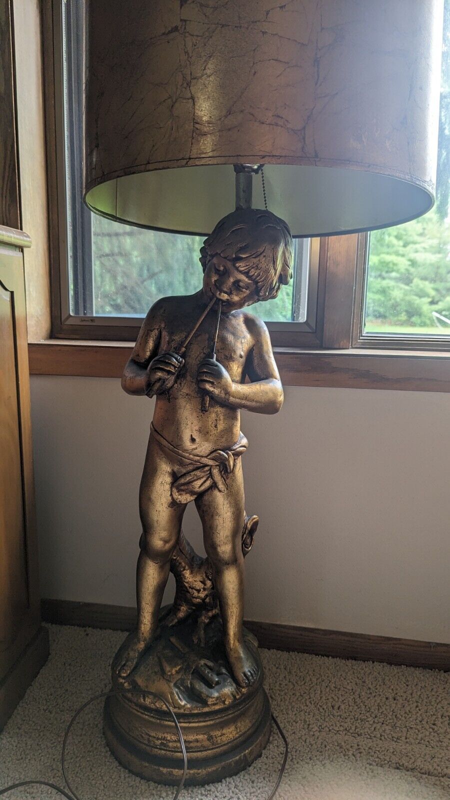 Vintage Auguste Moreau: Boy with Flute Pan - Spelter Lamp Bronze Finish 38" Tall