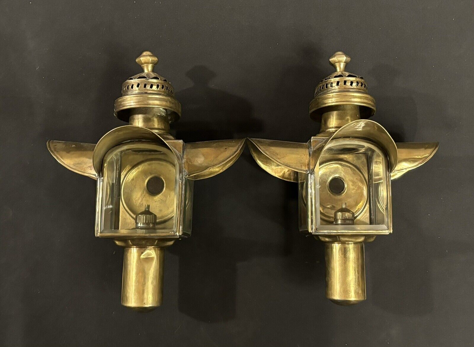 Antique Brass Carriage Lamps Headlamps Vintage Early 1900s Oil Burners & Mounts