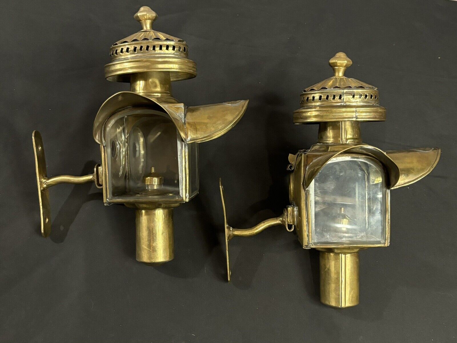 Antique Brass Carriage Lamps Headlamps Vintage Early 1900s Oil Burners & Mounts