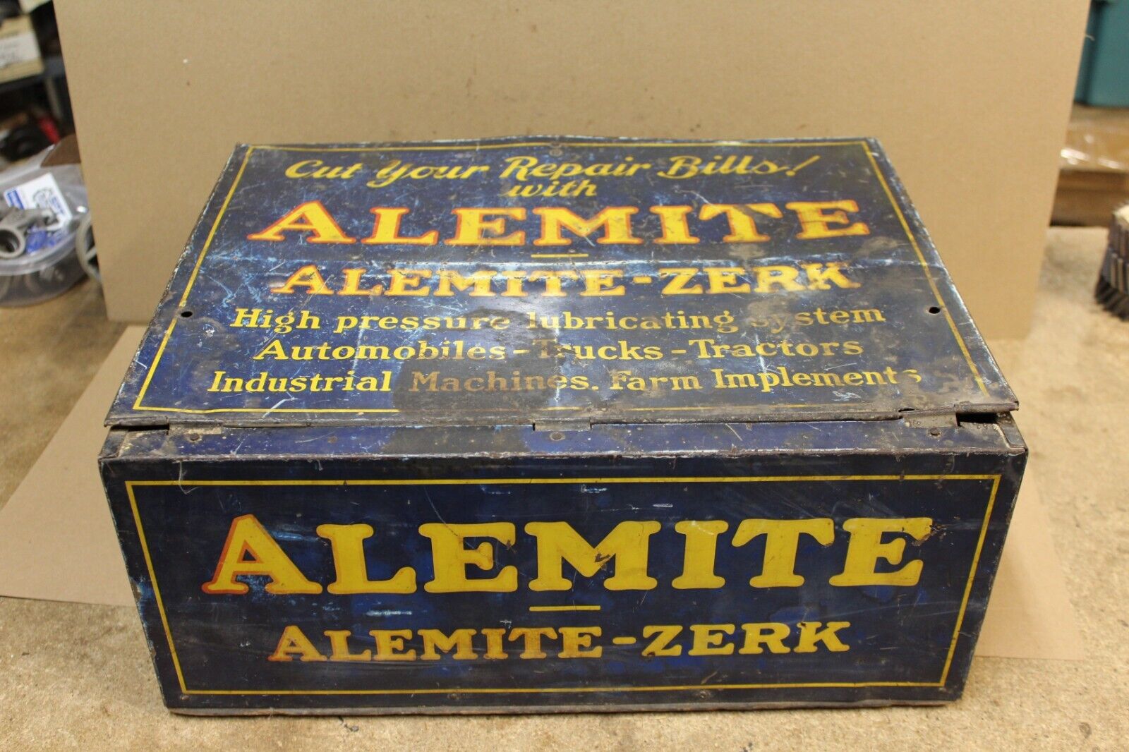1920s 1930s Alemite-Zerk Grease Fitting Display Cabinet with Drawer