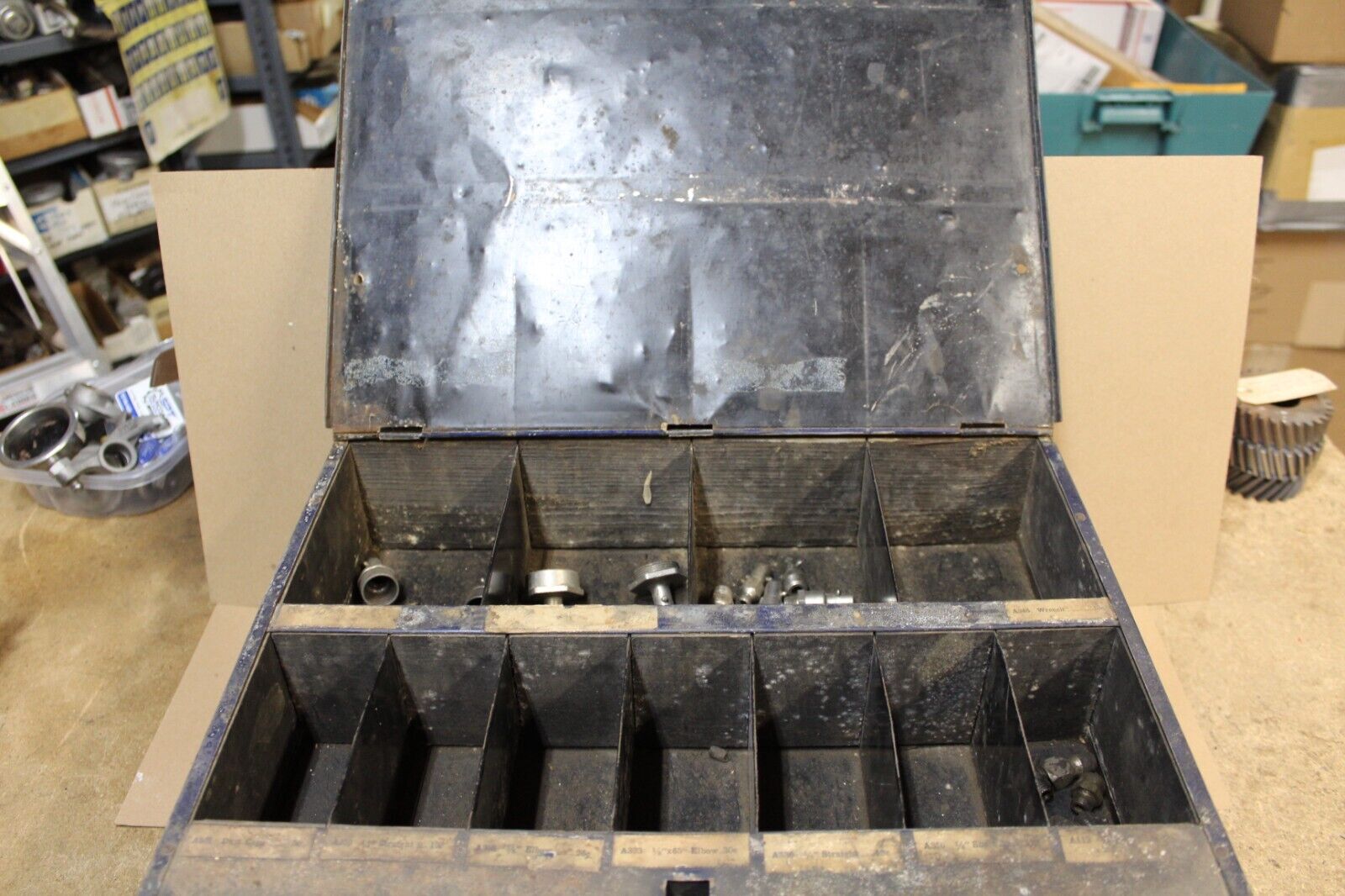 1920s 1930s Alemite-Zerk Grease Fitting Display Cabinet with Drawer