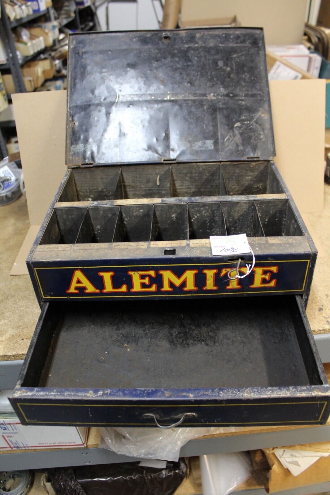 1920s 1930s Alemite-Zerk Grease Fitting Display Cabinet with Drawer