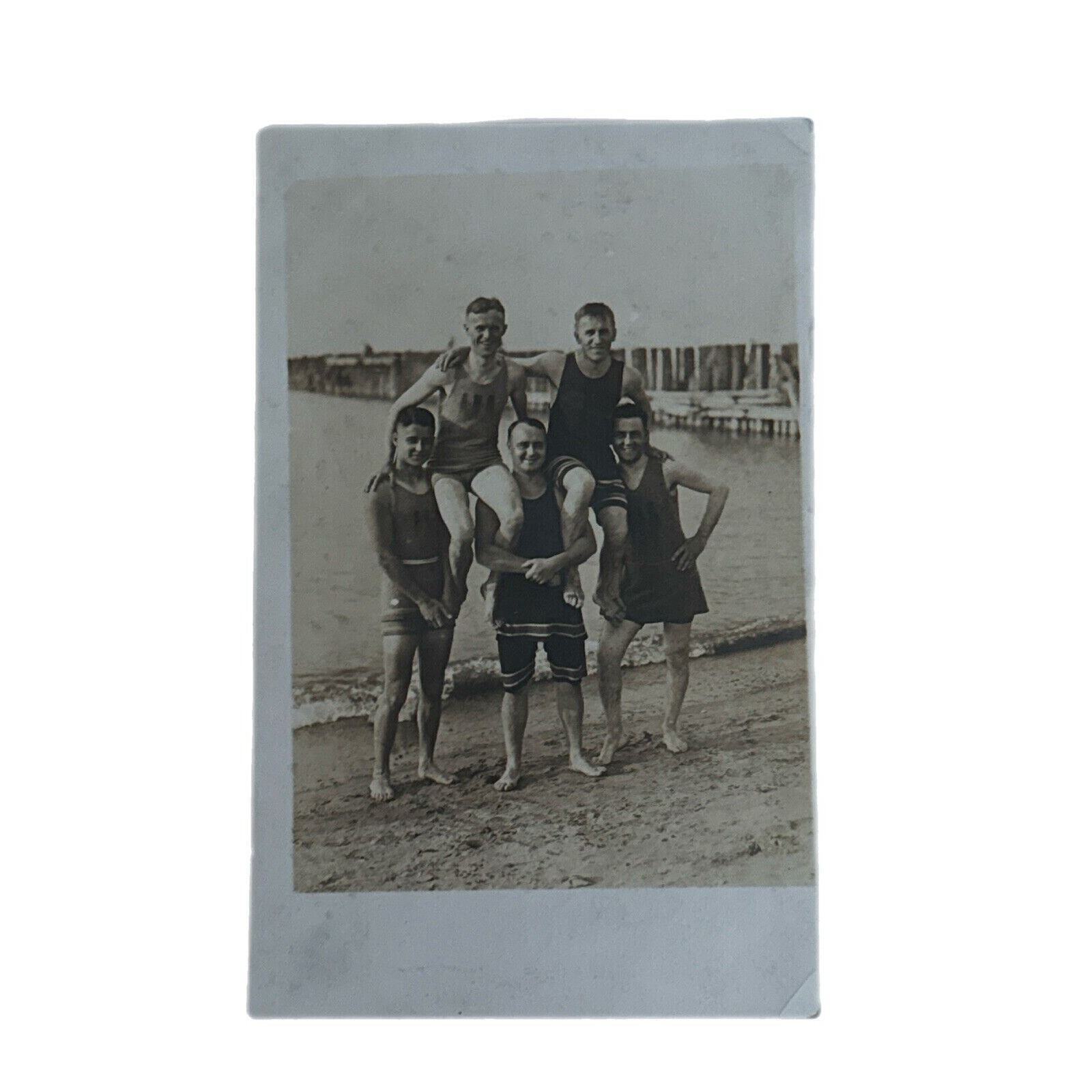 Antique RPPC Postcard Ephemera Early 1900s 5 Guys Old School Swimwear Beach Pic