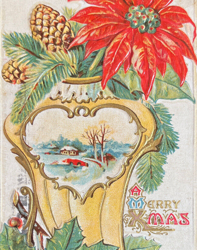 Postcard Christmas Early 1900s Antique Ephemera Winter Pic Poinsettia Posted SEE