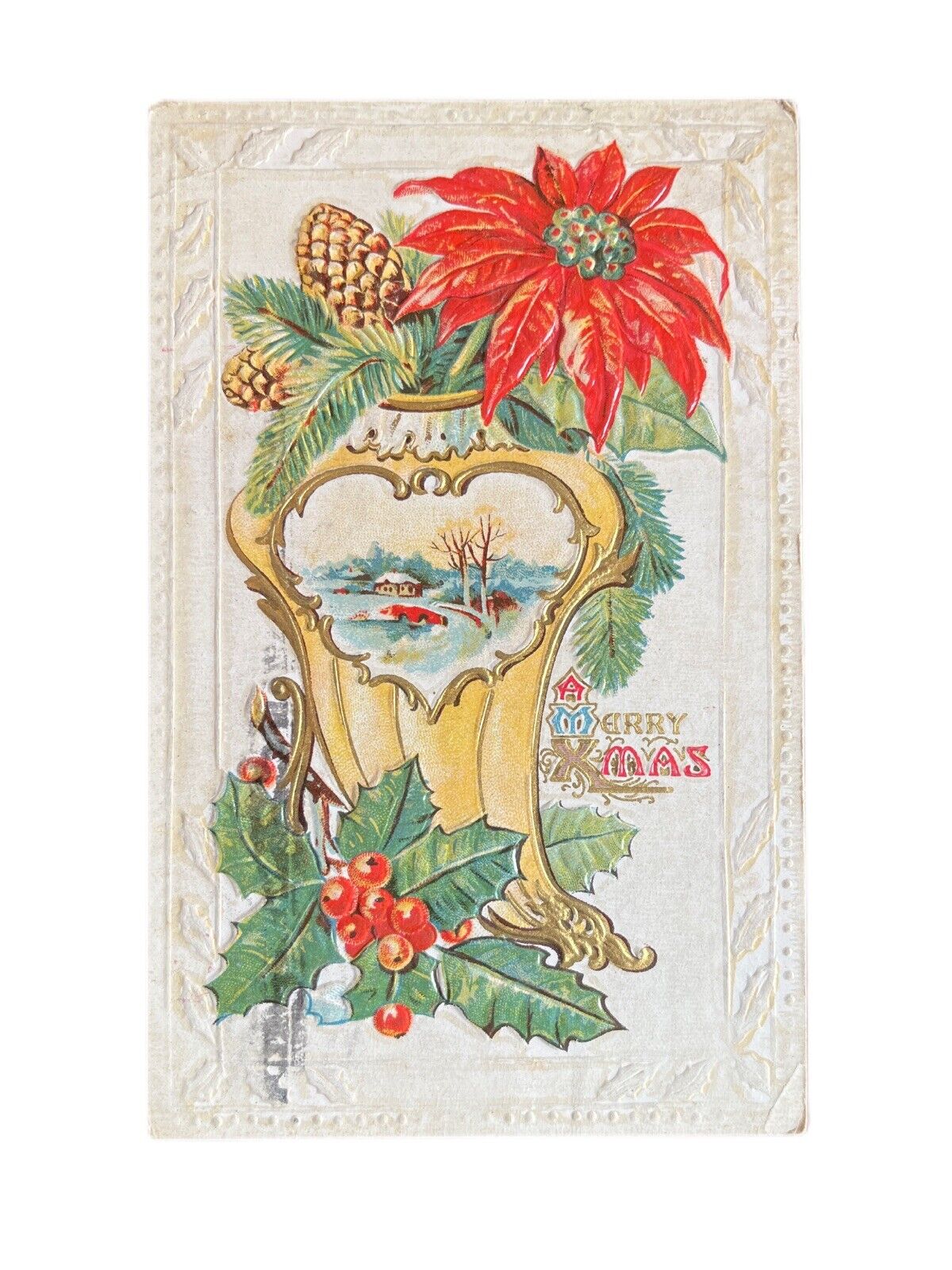 Postcard Christmas Early 1900s Antique Ephemera Winter Pic Poinsettia Posted SEE