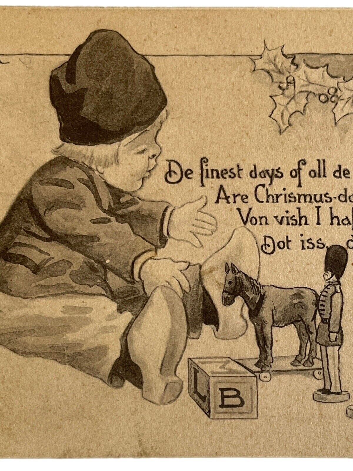 Antique Postcard Christmas Early 1900s Ephemera Dutch Boy Playing With Toys SEE