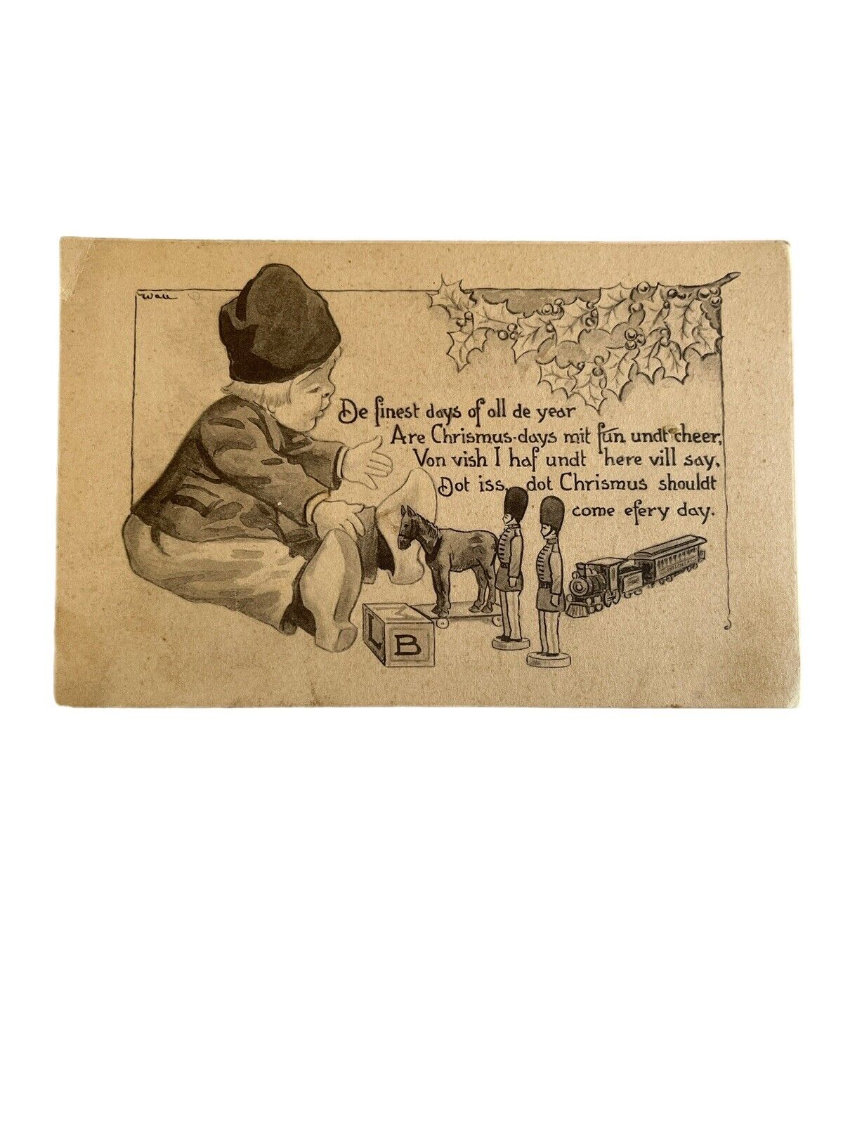 Antique Postcard Christmas Early 1900s Ephemera Dutch Boy Playing With Toys SEE